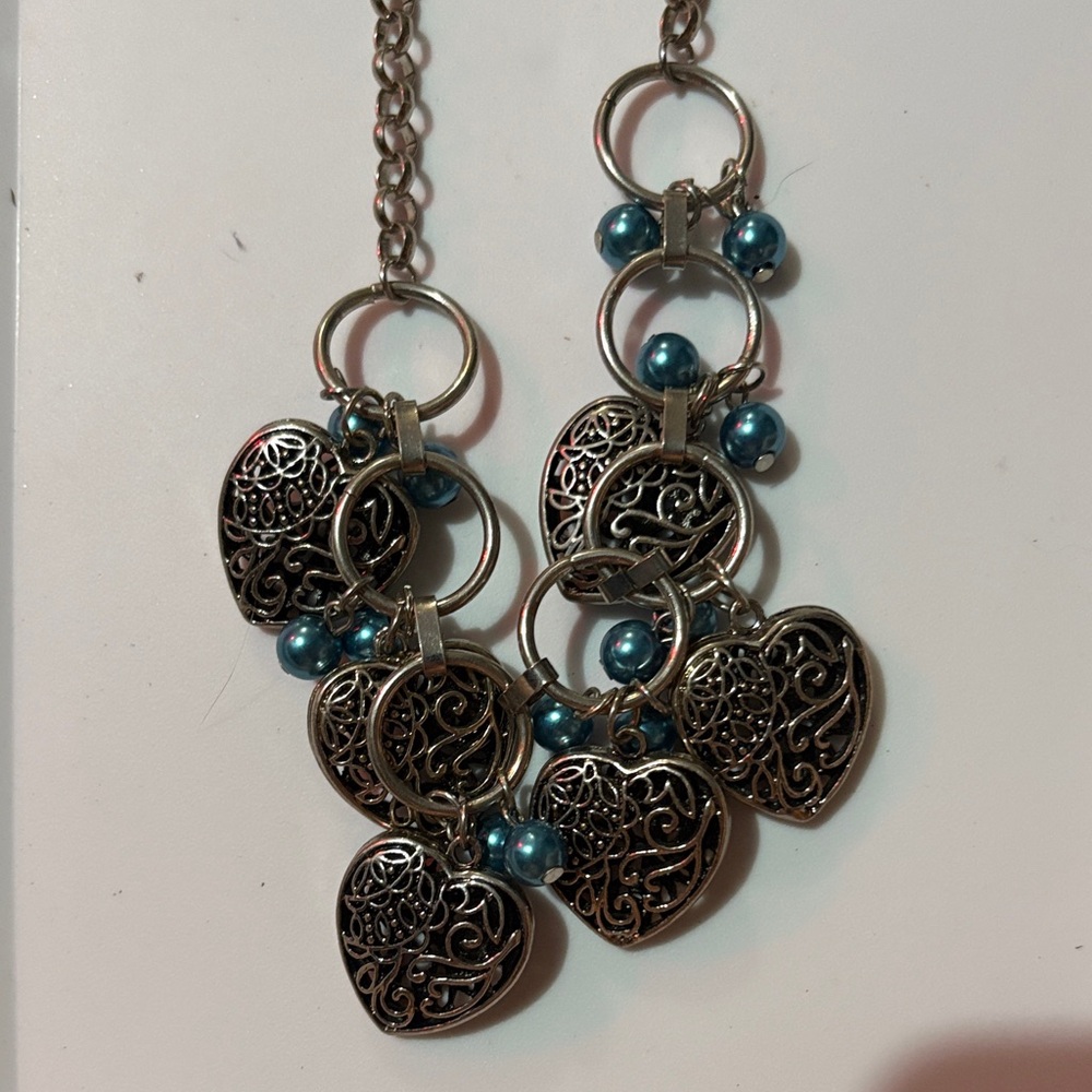 Paparazzi Silver Heart Necklace with Blue Beads and Earrings